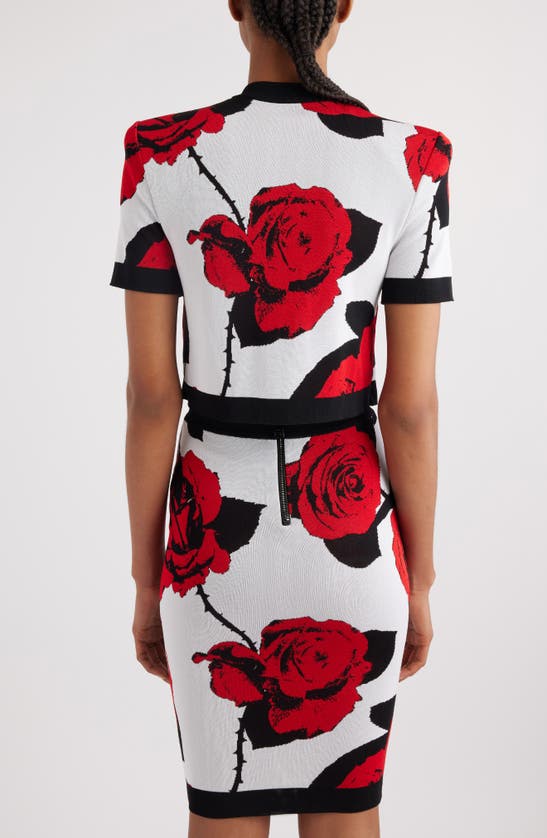 Shop Balmain Red Roses Jacquard Short Sleeve Crop Cardigan In Gqv White/ Black/ Red