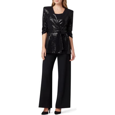 Tahari Sequin Tie Front Smoking Jacket, Black