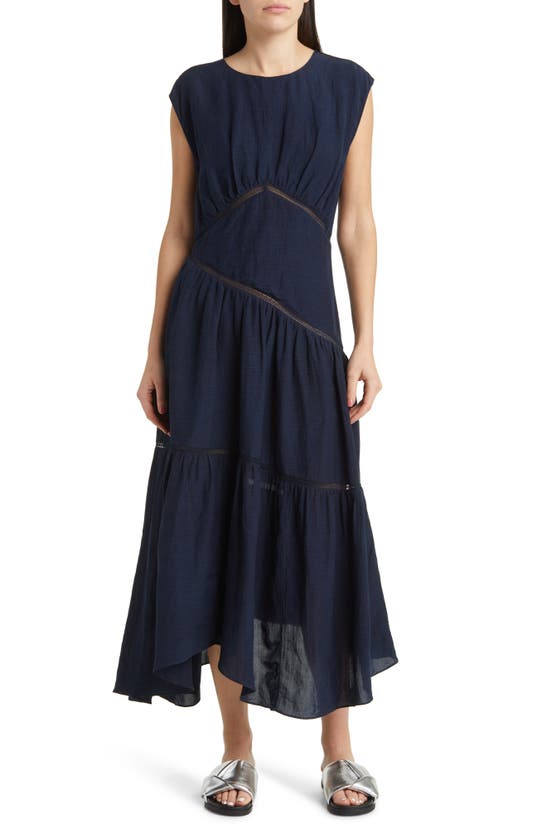 Shop Frame Lace Inset Handkerchief Hem Linen Blend Midi Dress In Navy