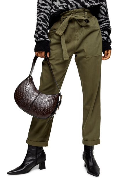 Topshop Billy Belted Utility Trousers In Olive