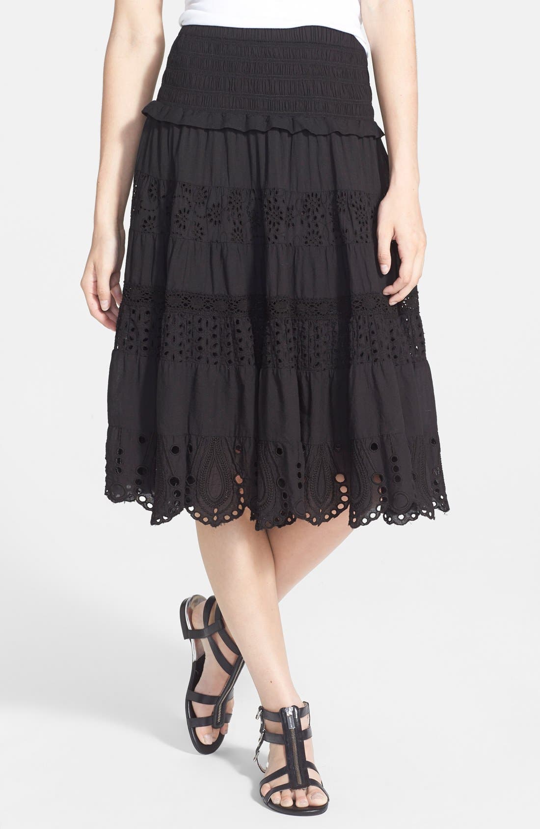 MICHAEL Michael Kors Smocked Tiered Eyelet Cotton Midi Skirt (Regular