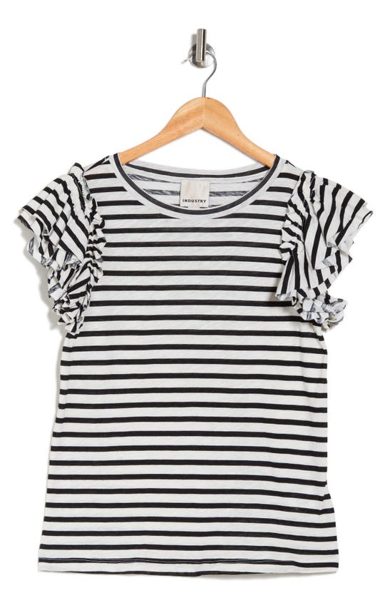 Industry Republic Clothing Double Flutter Sleeve Cotton Top In Black/ Ivory Stripe