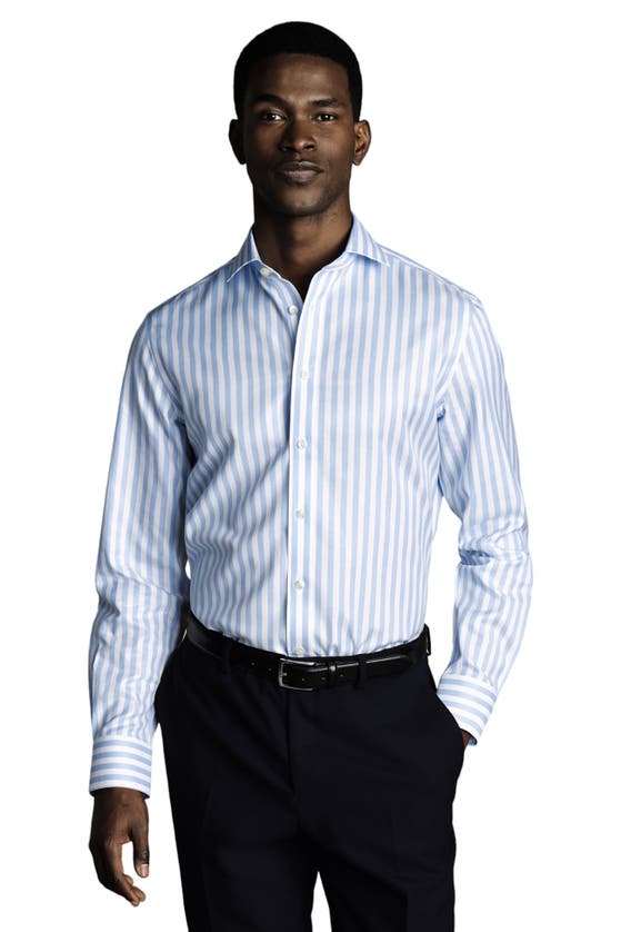 Charles Tyrwhitt Wide Stripe Non-iron Twill Cutaway Slim Fit Shirt Single Cuff In Blue