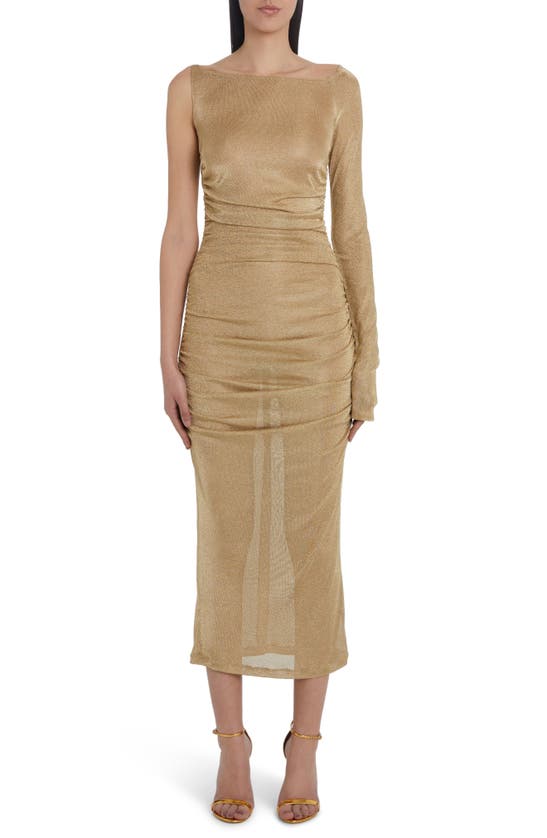 Dolce & Gabbana Metallic Ruched Single Long Sleeve Midi Dress In Neutral
