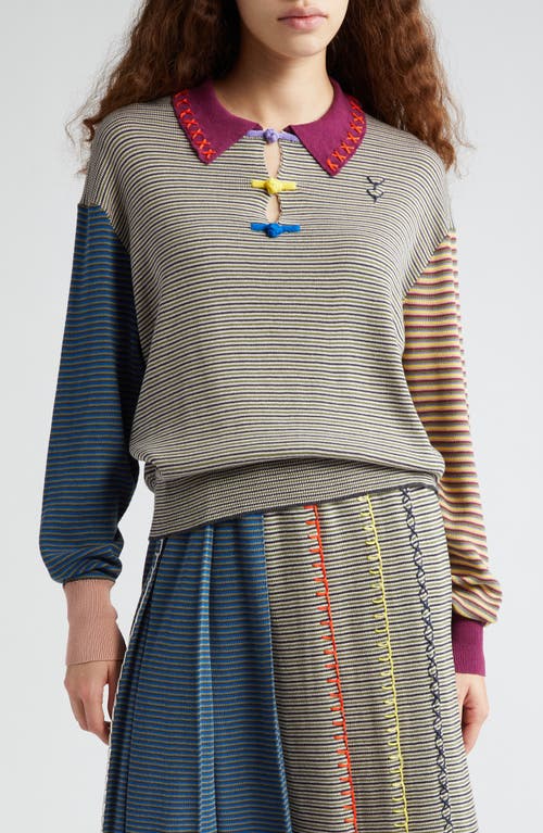 Microstripe Embroidered Cotton Sweater in Blue/Grey/Yellow