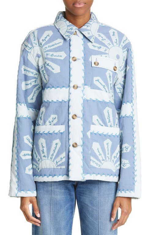 Bode Floral Embroidered Quilted Cotton Workwear Jacket in Blue Cream