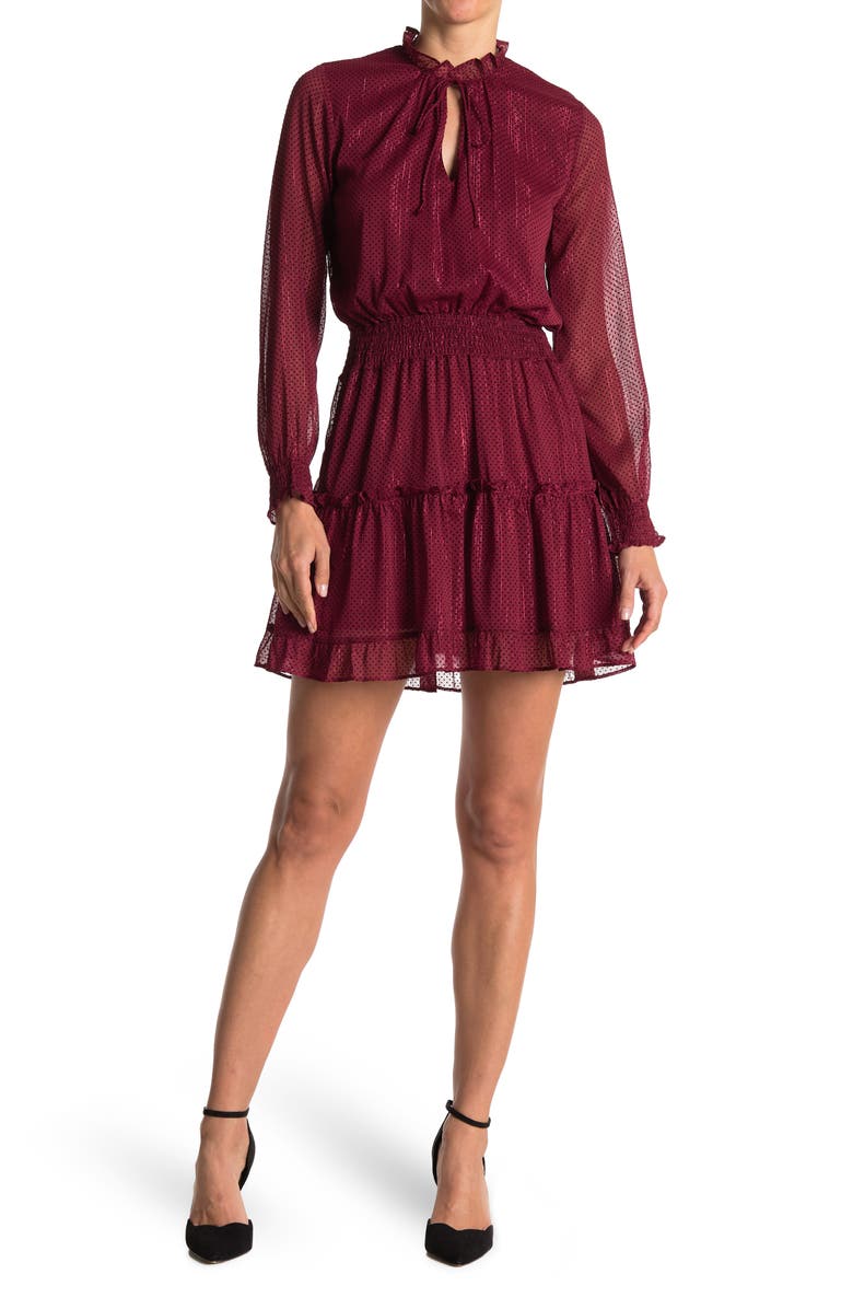 NSR Emma Floral Print Ruffle Dress, Main, color, RED / BLACK DOT