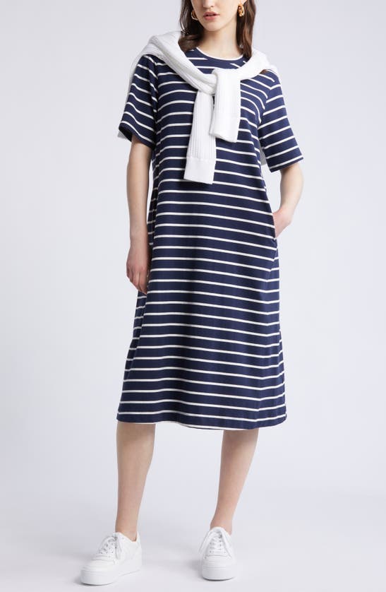 Shop Nordstrom Stretch Cotton Midi T-shirt Dress In Navy Blazer- Ivory Stripe