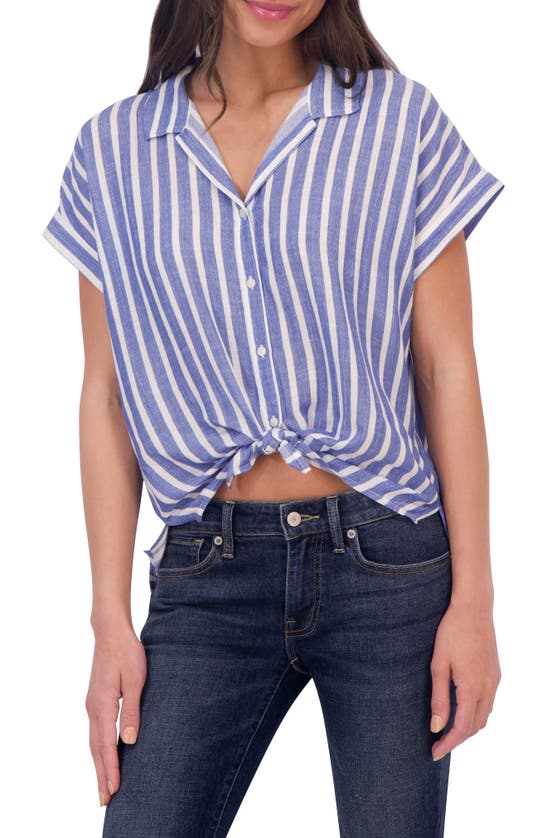 Shop Lucky Brand Short Sleeve Tie Front Button-up Shirt In Blue Combo