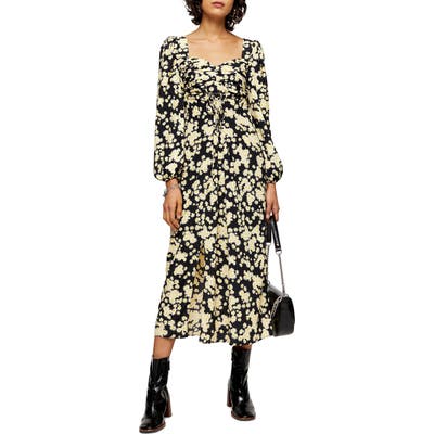 Topshop Daisy Pleat Bodice Long Sleeve Midi Dress, US (fits like 6-8) - Yellow