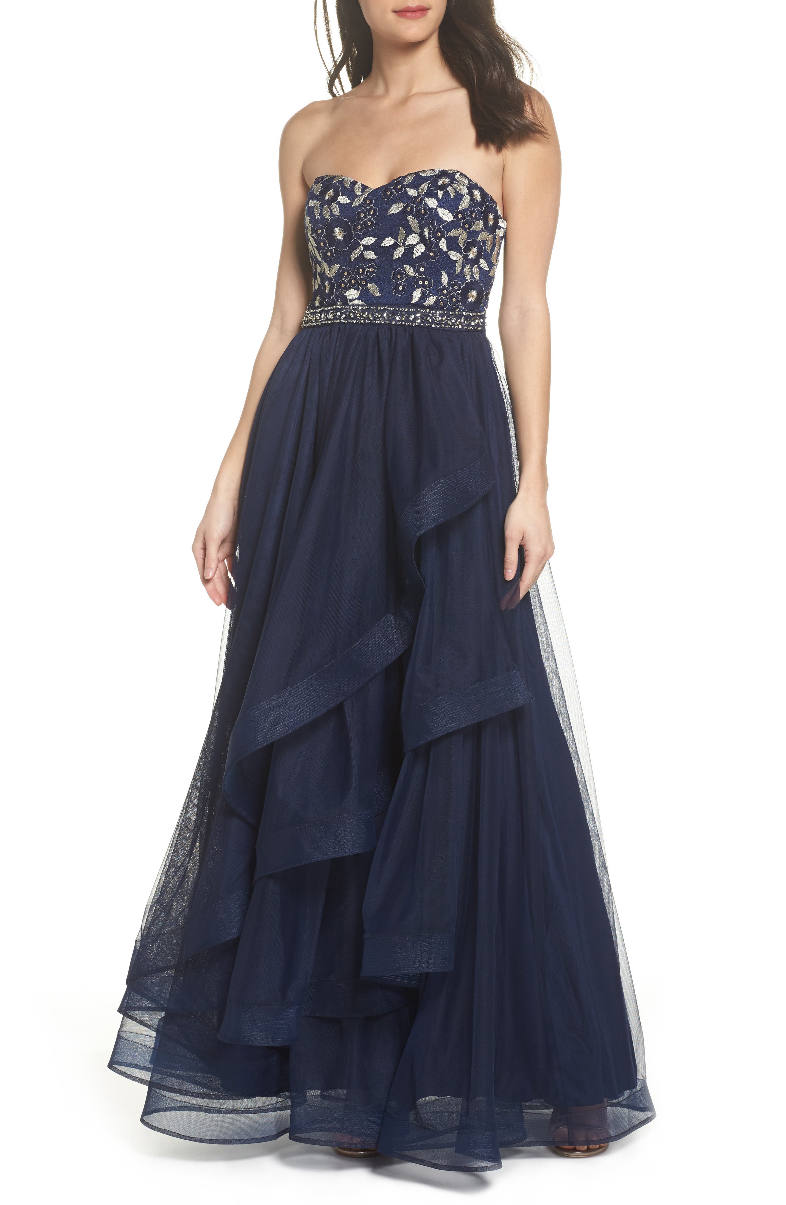 Sequin Hearts Strapless Lace & Tulle Gown, Blue