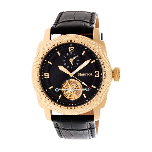 Shop Heritor Automatic Helmsley Semi-skeleton Leather-band Watch In Gold/black