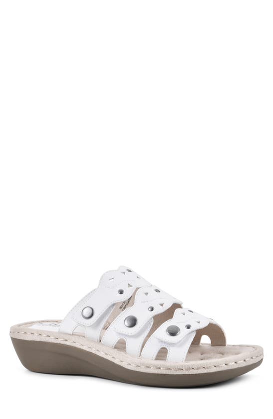 Cliffs By White Mountain Caring Scalloped Strap Wedge Sandal In White Smooth