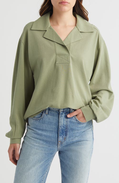 Oversize Long Sleeve Cotton Polo in Olive Acorn