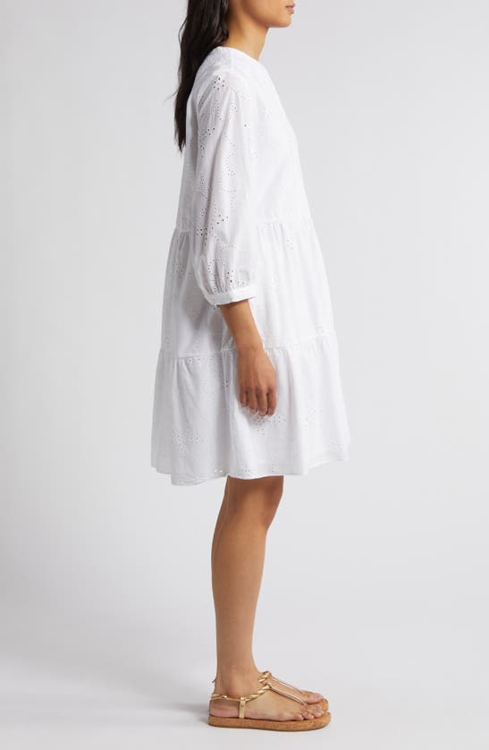 Shop Caslon (r) Long Sleeve Tiered Cotton Eyelet Dress In White