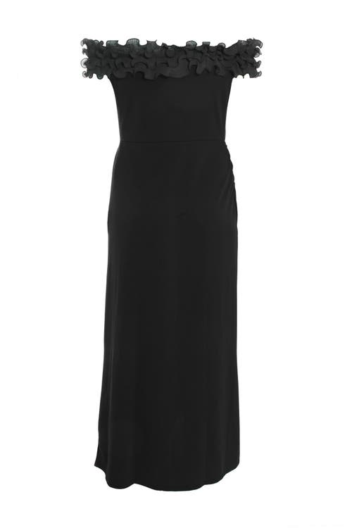 Quiz Plus Size Scuba Crepe Ruffle Bardot Maxi Dress In Black