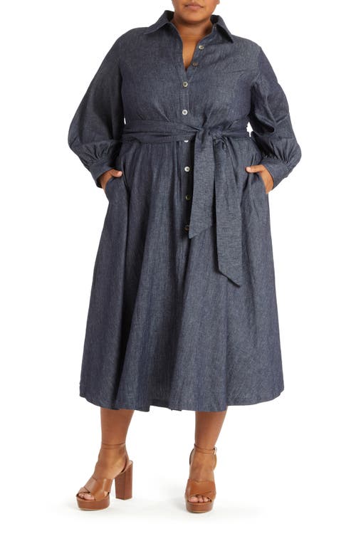 Oli Tie Waist Long Sleeve Denim Midi Shirtdress in Indigo Wash