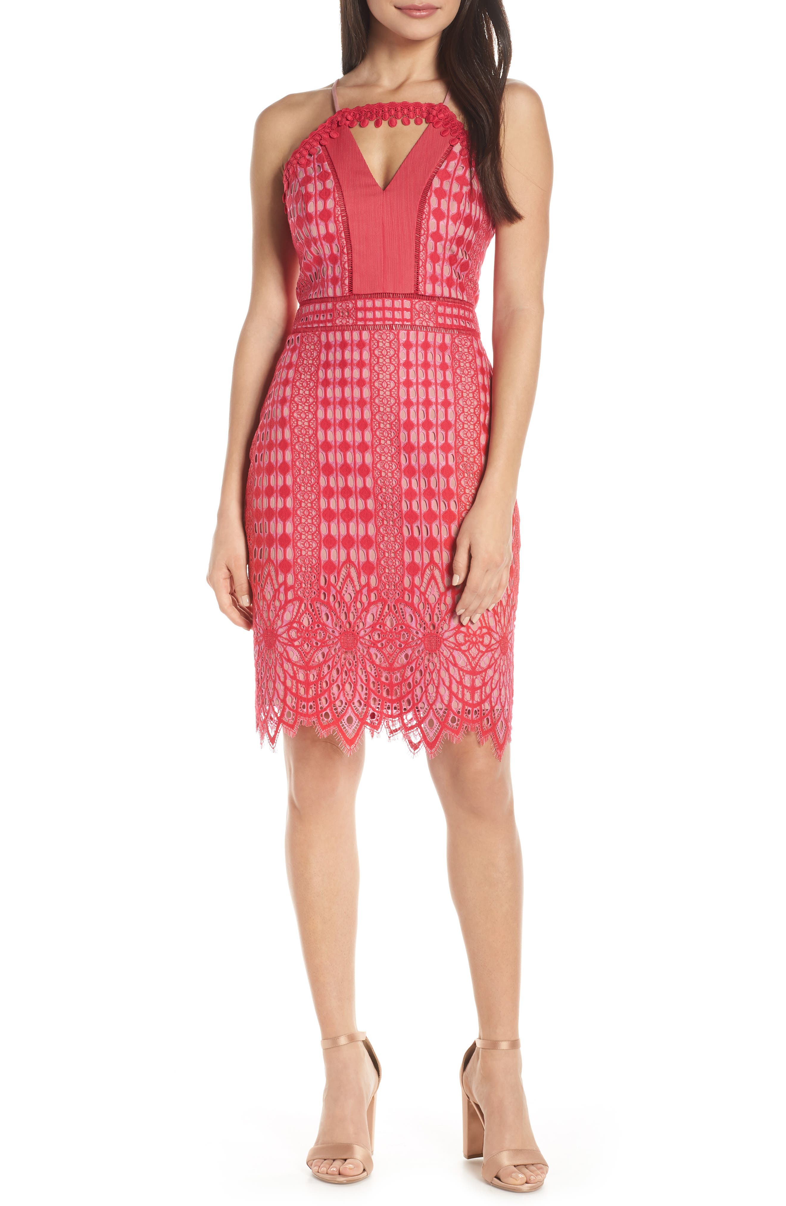 Harlyn Contrast Chiffon Lace Halter Body-Con Dress