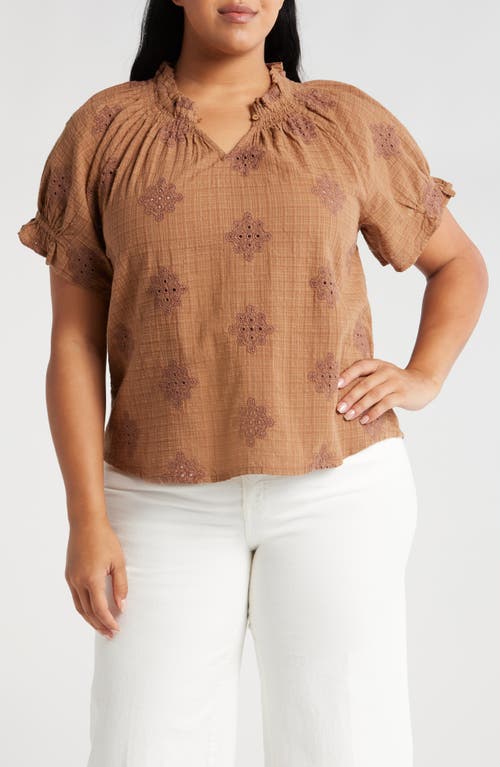 Wit & Wisdom Embroidered Short Sleeve Top In Caramel Latte