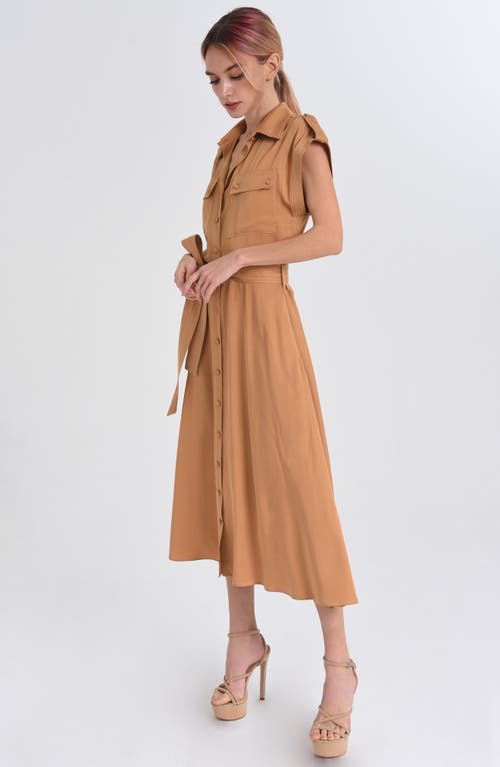 Shop Ciebon Josette Belted Cap Sleeve Shirtdress In Tan Brown