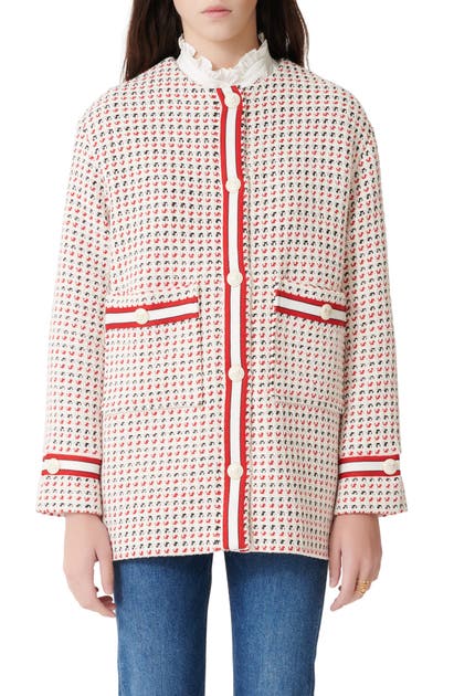 Maje Gerona Cotton-blend Tweed Jacket In Ecru / Red / Navy | ModeSens