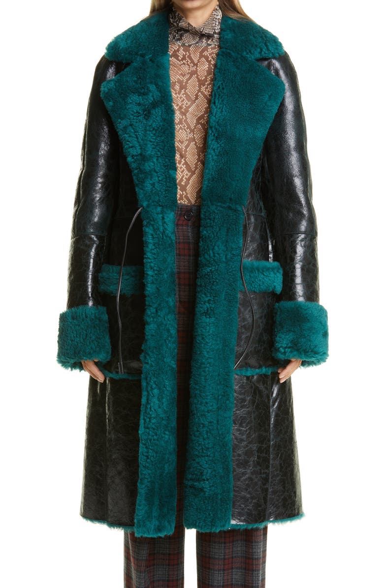 DRIES VAN NOTEN Lorca Reversible Crinkle Leather and Genuine Shearling Coat, Main, color, BOTTLE