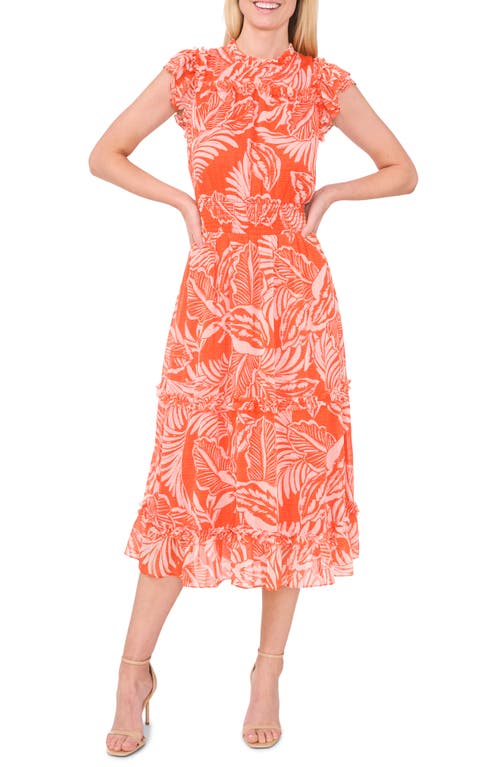 CeCe Palm Print Smocked Ruffle Midi Dress at Nordstrom,