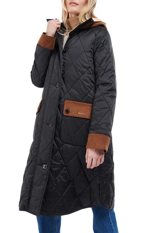 Barbour Mickley Quilted Hooded Longline Jacket in Black/Ancient