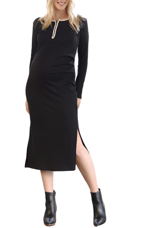 Pipe Detail Long Sleeve Cotton Blend Maternity Dress in Black