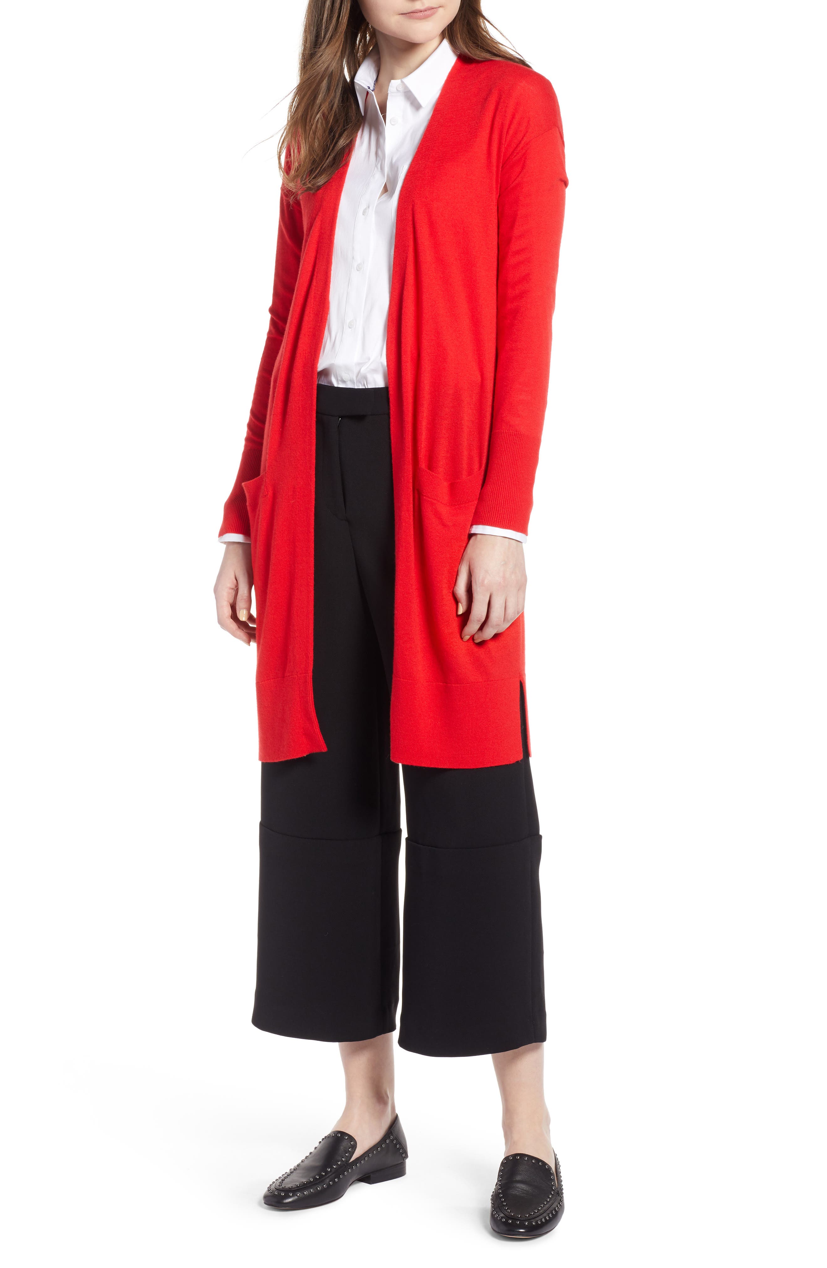 Petite Halogen Open Front Pocket Cardigan, Red