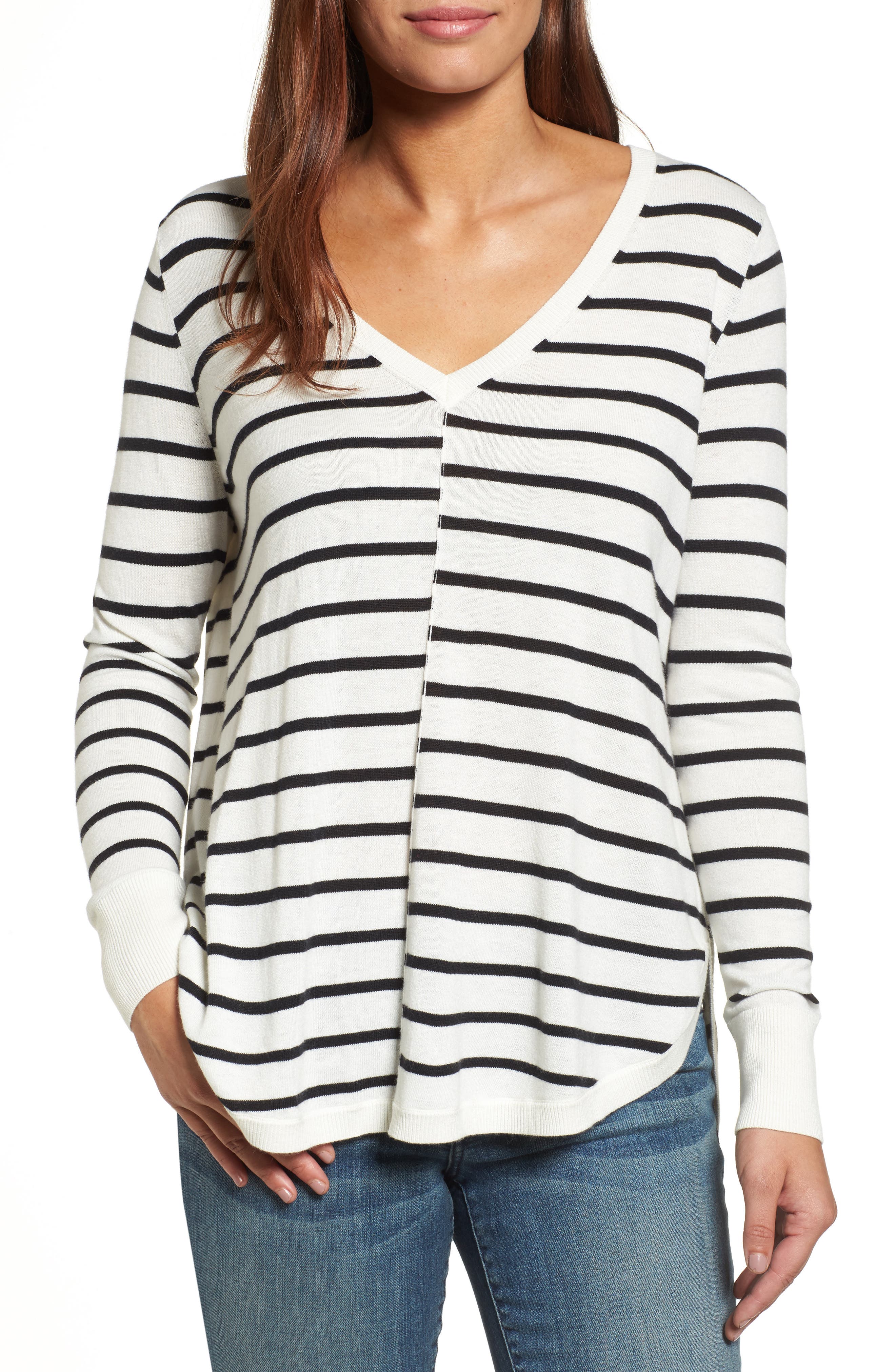 Petite Caslon High-Low V-Neck Sweater, Ivory