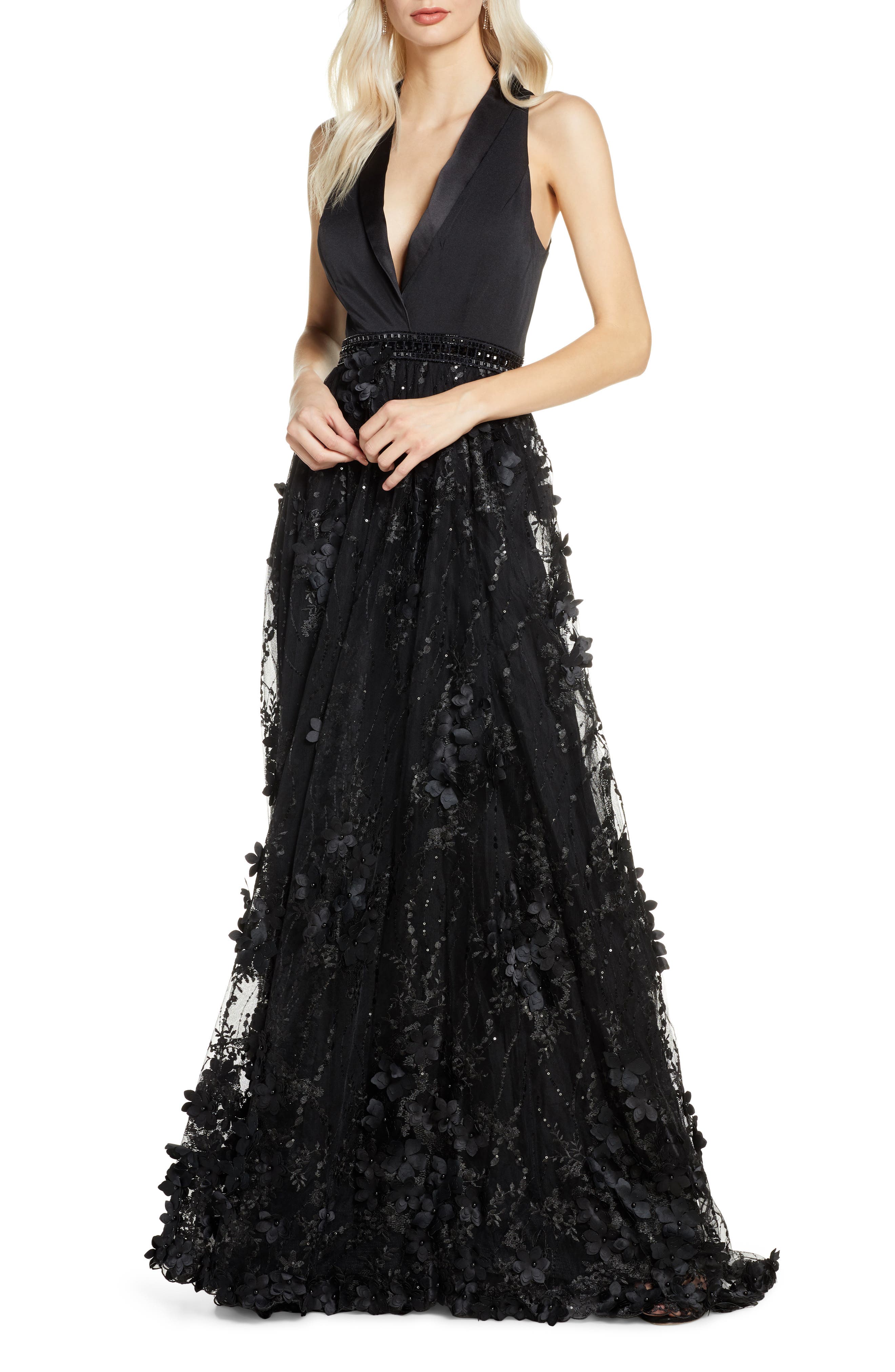 mac duggal black floral dress