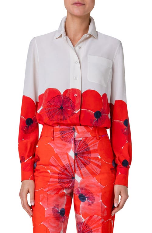 Poppy Print Silk Button-Up Shirt in Poppy-Greige