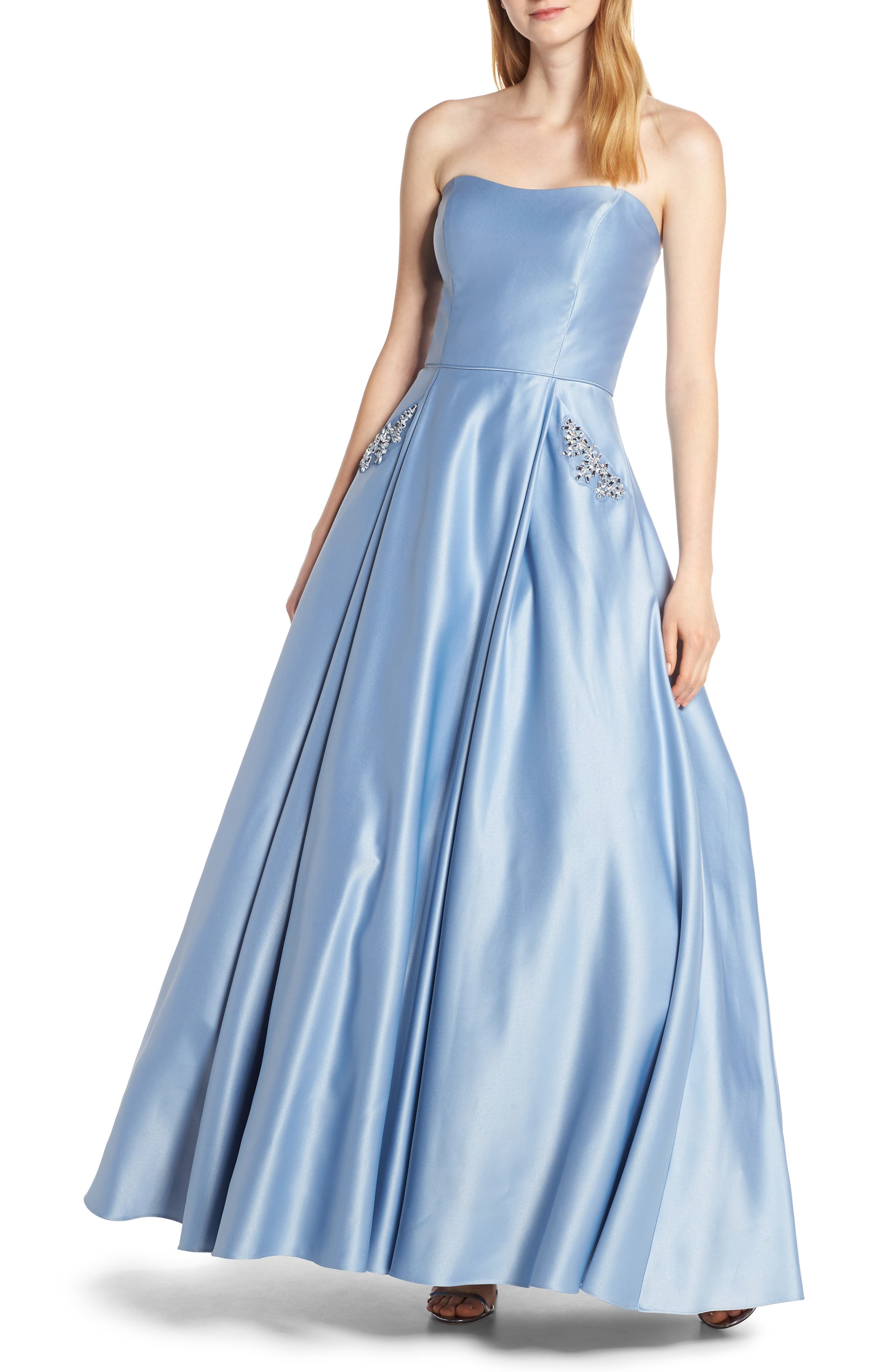 Blondie Nites Strapless Embellished Pocket Satin Evening Dress