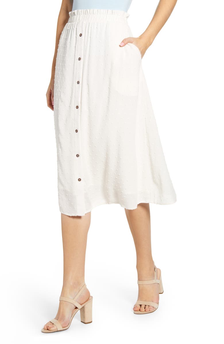 GIBSON x The Motherchic Siesta Button-Down Midi Skirt, Main, color, IVORY CLOUD SWISS DOT