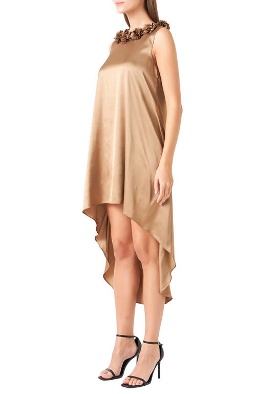 Shop Endless Rose Rosette Collar Satin High-low Dress In Bronze Gold