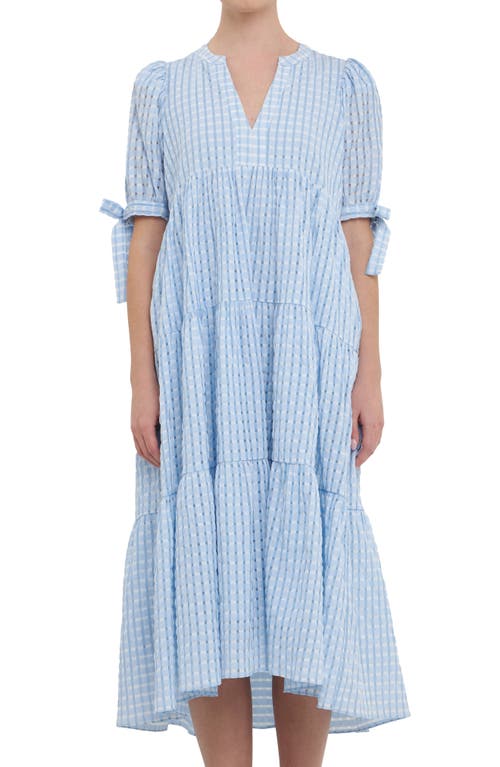 Shop English Factory Gingham Tiered Midi Dress In Ocean Blue