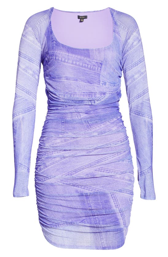 Afrm Leona Ruched Long Sleeve Knit Dress In Purple Denim