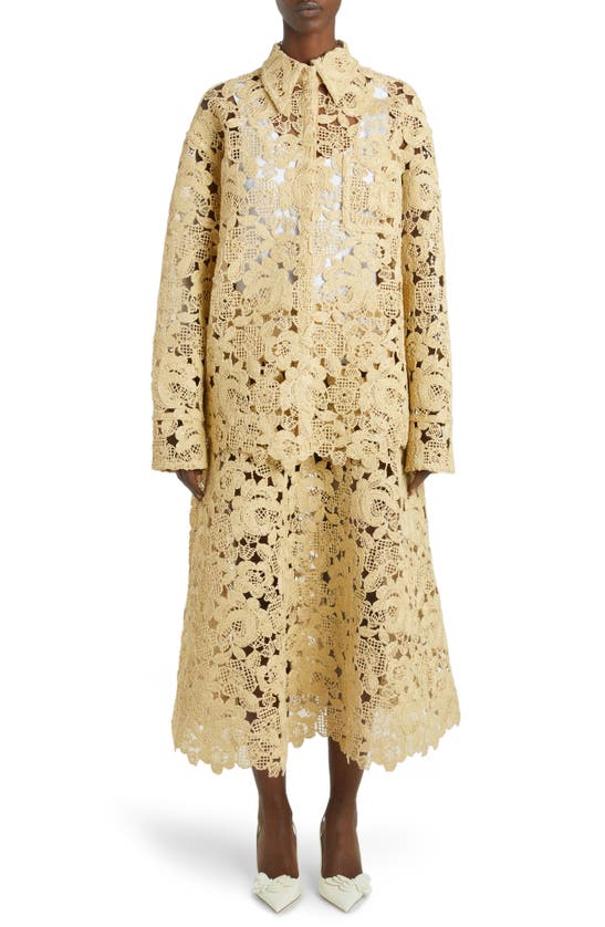 Valentino Floral Raffia Woven Button-up Shirt In Gold