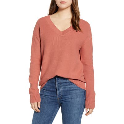 Caslon V-Neck Cotton Pique Sweater, Pink