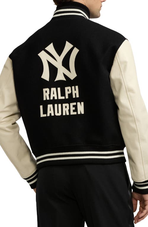 Shop Ralph Lauren Purple Label New York Yankees Mixed Media Varsity Jacket In Black Multi/polo Black