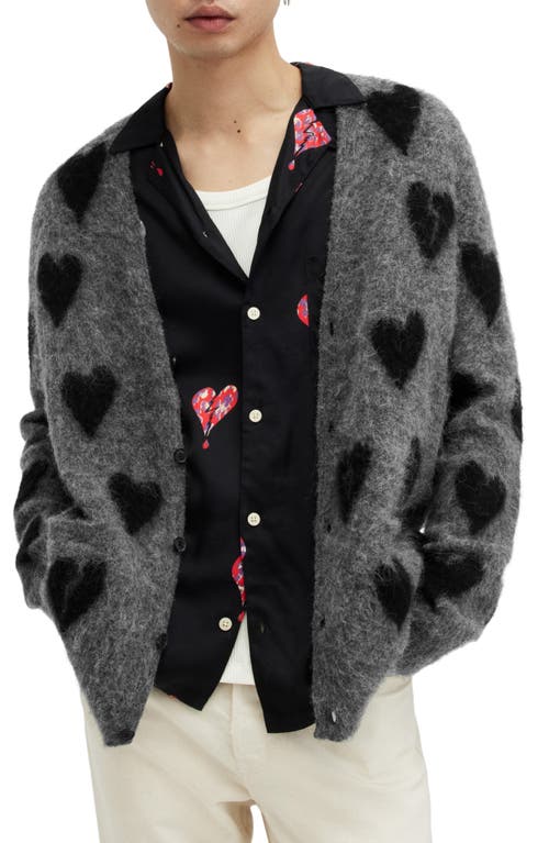 Allsaints Amore Fuzzy Heart Cardigan In Grey/black