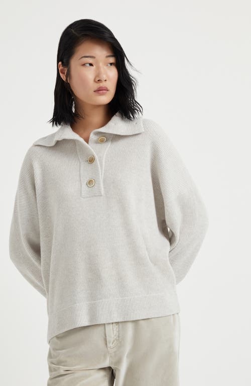 Shop Brunello Cucinelli Cashmere English Rib Polo-style Sweater With Monili In Pearl Grey