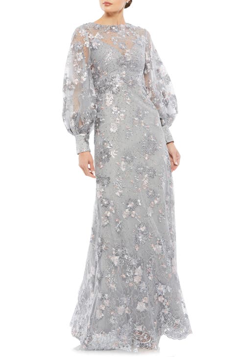 Embellished Illusion Neck Long Sleeve Gown