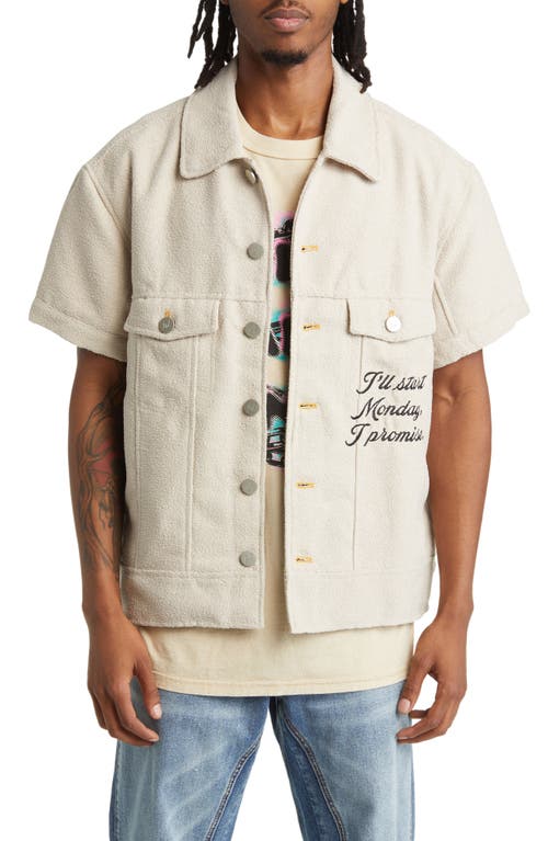 DIET STARTS MONDAY Trucker Short Sleeve Button-Up Utility Shirt in Beige