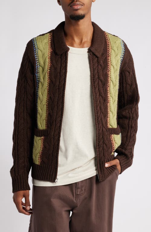 Shop Obey Ezra Cabled Zip Cardigan In Dark Brown Multi