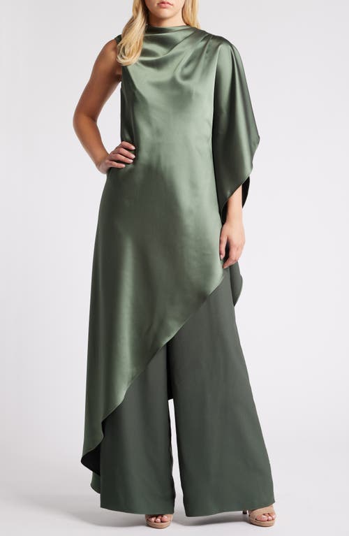 Shop Amsale Drape Wide Leg Satin Jumpsuit In Olive