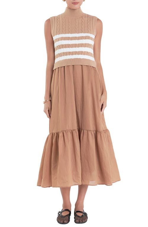 Shop English Factory Mixed Media Tiered Midi Dress In Camel/white