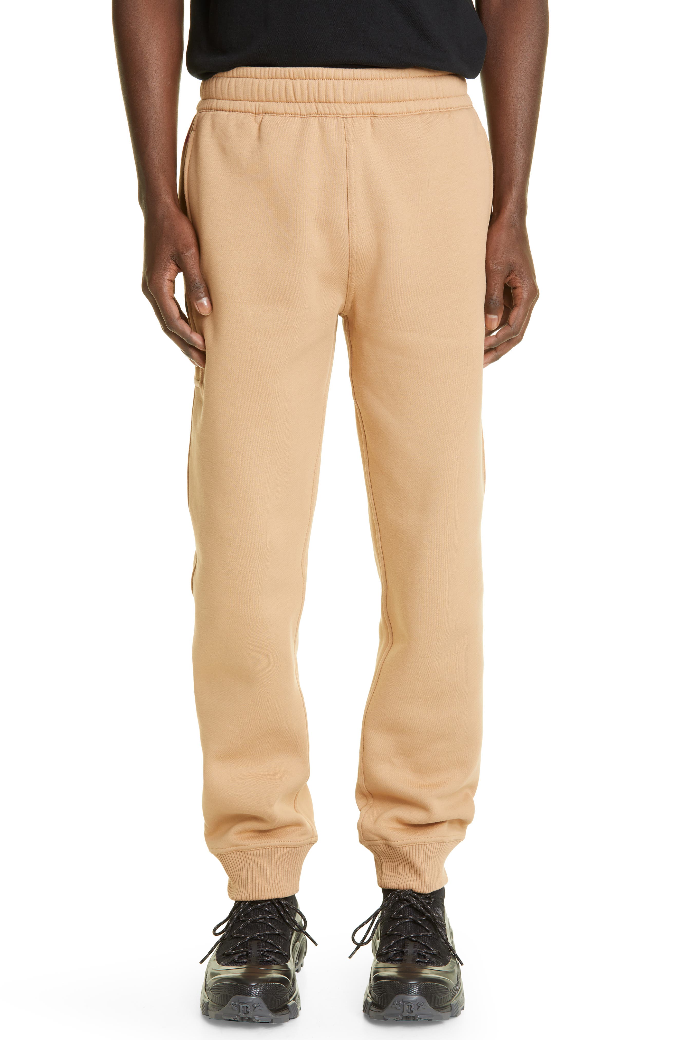 Burberry Check Panel Cotton Blend Joggers in Pale Grey Melange at Nordstrom