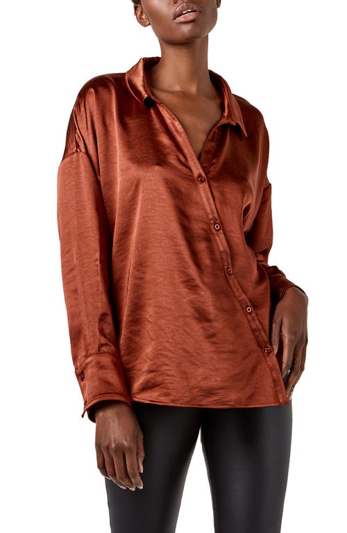 AS by DF Parisienne Asymmetric Button-Up Hammered Satin Blouse in Cognac at Nordstrom, Size Small